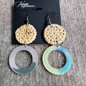 Tanya Creations Woven Rattan Resin Hoop Drop Earrings Womens OS Boho Beachy